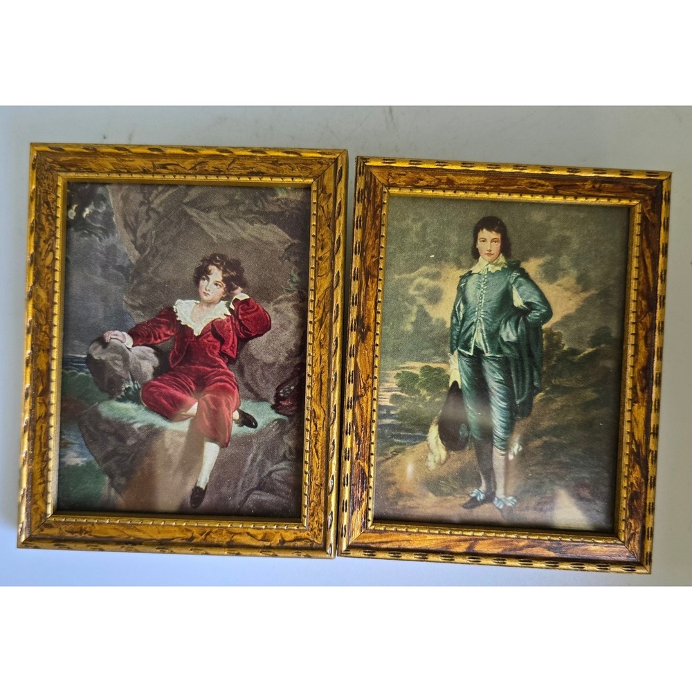 Vintage Blue Boy and Pinkie Framed Art Prints Set of 2 Gold Ornate Frames 4x5